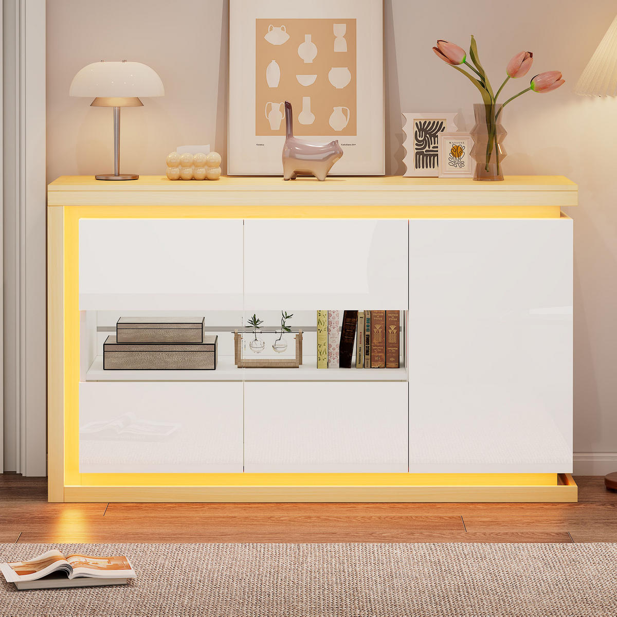 SIDEBOARD LED Hochglanz Glas 4 Fächer 140cm Modern Weiß - Weiß, Holzwerkstoff (140/84/40cm) - FLIEKS