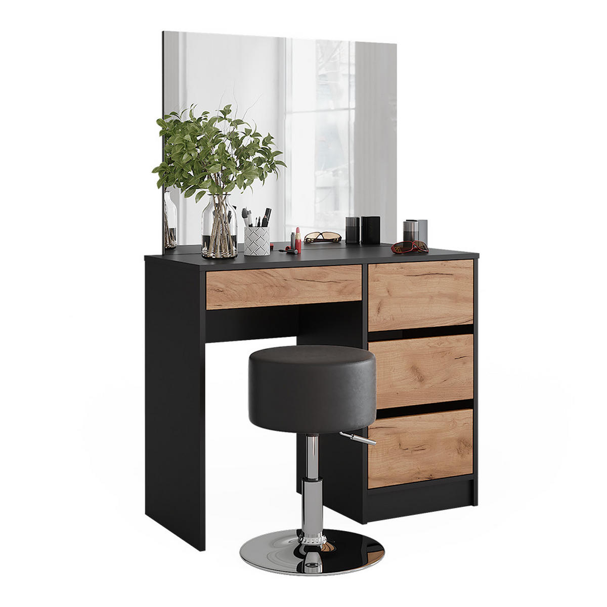 SCHMINKTISCH Sherry Anthrazit/Goldkraft Eiche 90 x 75 cm mit Spiegel & Hocker - Honigeiche/Anthrazit, Holzwerkstoff (90/75/40cm) - Vicco