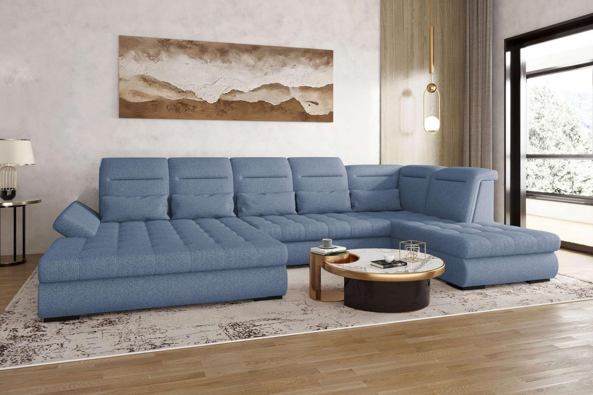 WOHNLANDSCHAFT Toscana Strukturstoff inkl. Schlaffunktion - Blau, Textil (208/87/358cm) - 99rooms
