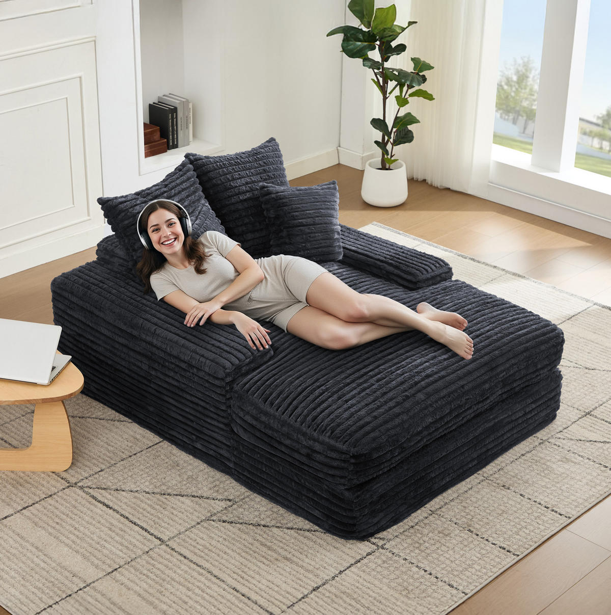 RELAXLIEGE aus Cord 137 x 175 cm Grau mit 4 Kissen - Grau, Kunststoff (137/63/175cm) - Beauniv