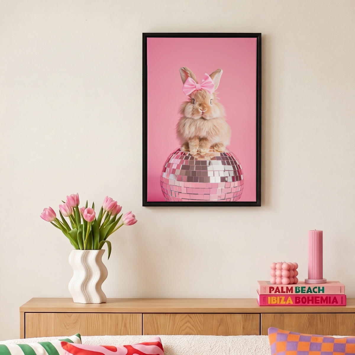 LEINWAND Bilder mit Rahmen - Schleife - Discoball - Kaninchen - 20x30 - Pink, Textil (20/30cm) - MuchoWow