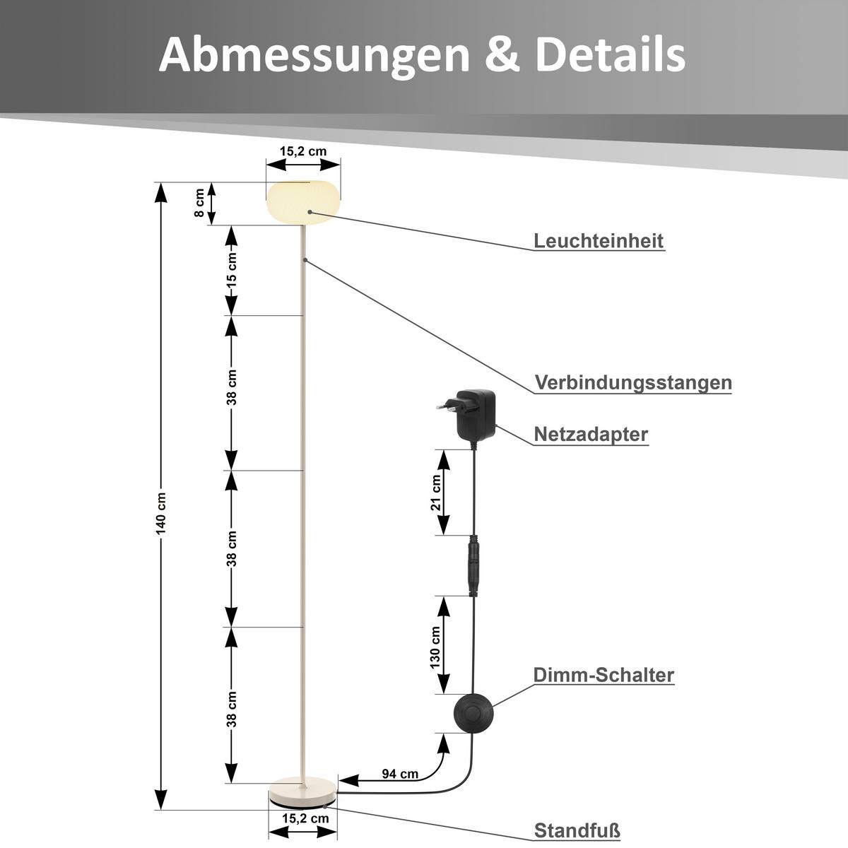 LED-DESIGN-STEHLEUCHTE stufenlos dimmbar Trittschalter 3000K 140cm hoch Metall Wolke Beige - Beige, Metall (15/15/140cm) - Elblight.de