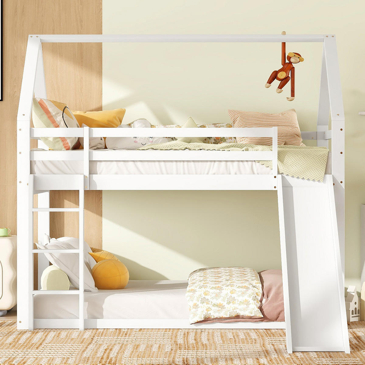 HAUSBETT 90/200 cm Weiß mit Rutsche und Leiter - Weiß, Holz (90/200cm) - Flora Grace