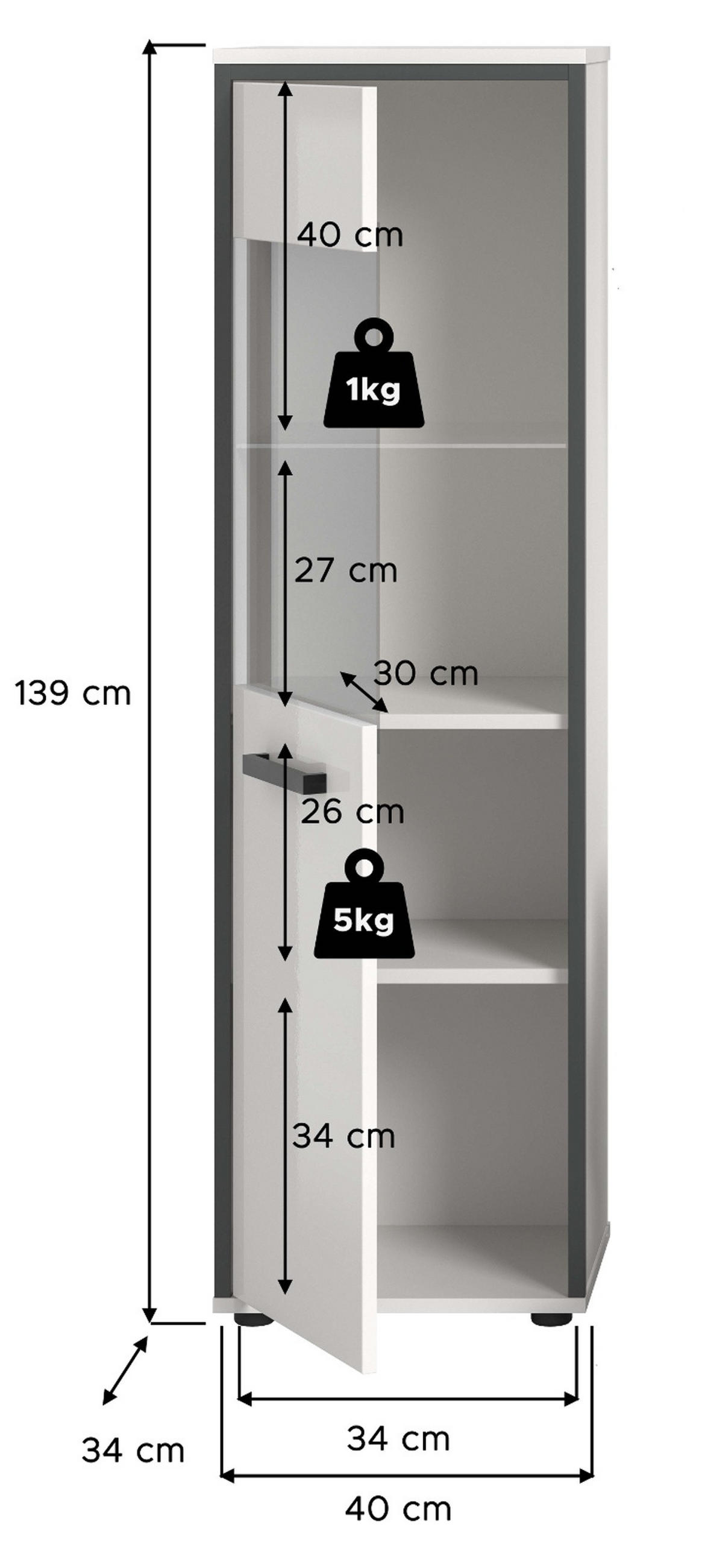 MIDISCHRANK weiß Hochglanz, grau 40 x 139 cm, Badkommode mit wechselbaren Türanschlag - Weiß Hochglanz/Schwarz, Glas/Holzwerkstoff (40/139/34cm) - Inn.Furn
