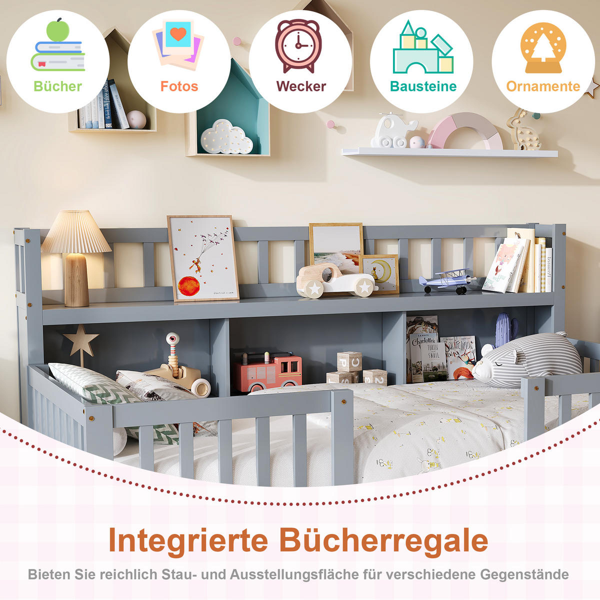 KINDERBETT 90x200 cm mit Bücherregal, Rausfallschutz und Lattenrost, Grau - Grau, Holz (90/200cm)