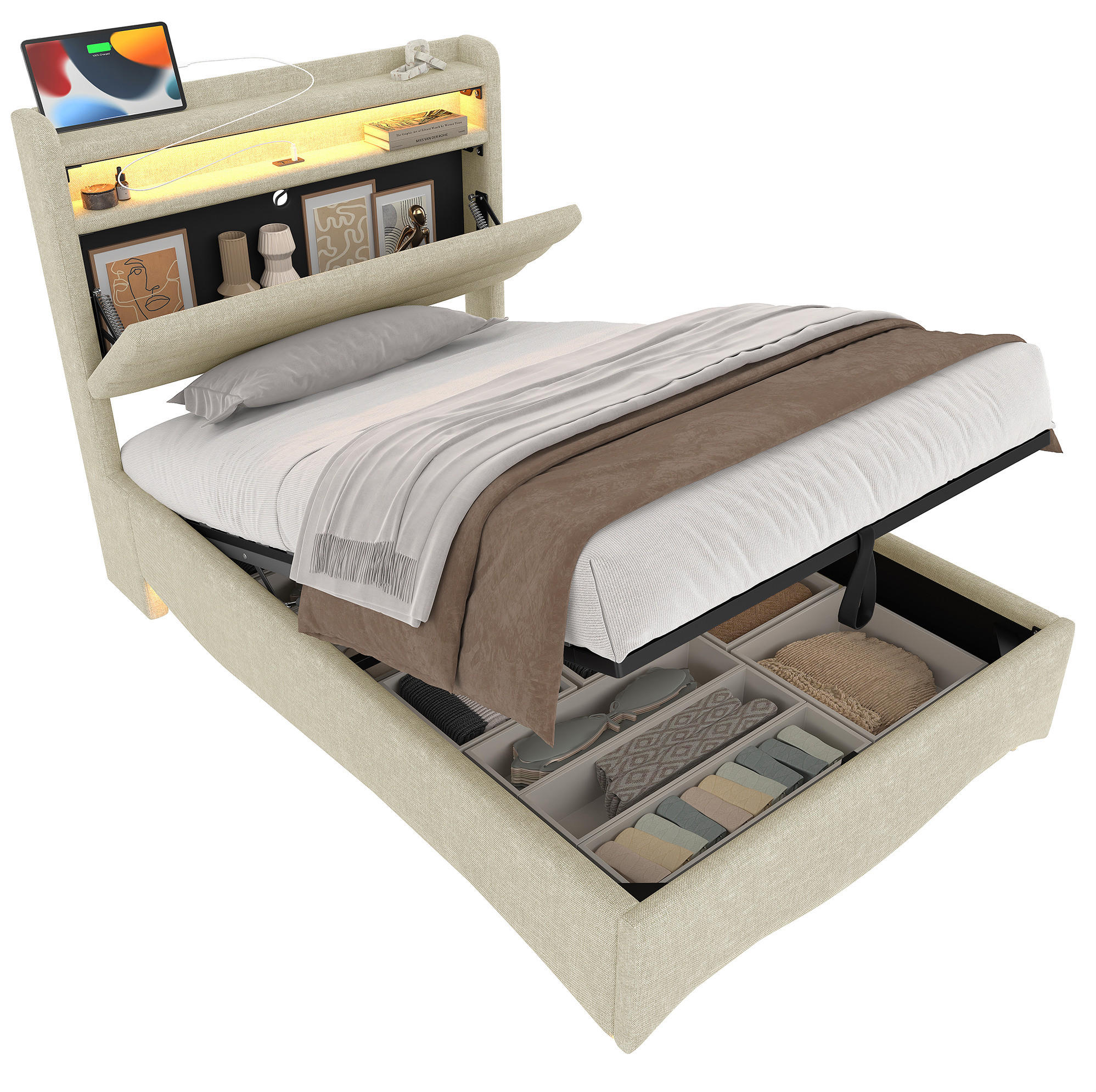 POLSTERBETT 90/200 cm Beige aus Leinen mit Stauraum, LED und USB- und Type-C-Anschlüssen - Beige, Textil (90/200cm) - Flora Grace