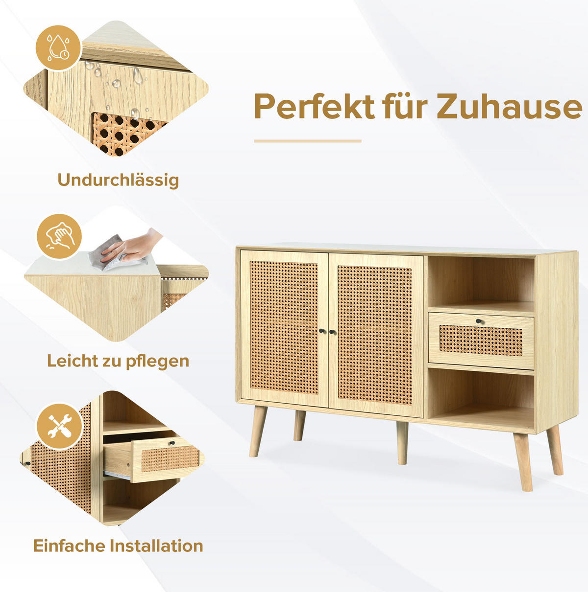 SIDEBOARD 120/40/80 cm in Eiche mit Rattangeflecht, 1 Schublade und 2 Türen - Eichefarben, Holzwerkstoff (120/80/40cm) - Flora Grace