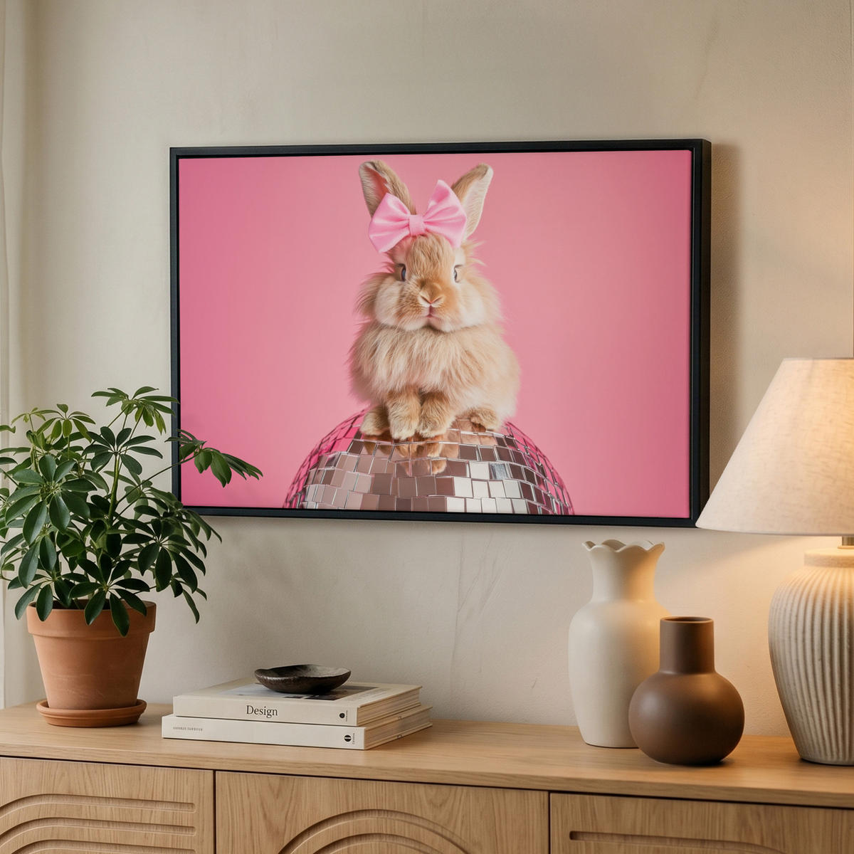 LEINWAND Bilder mit Rahmen - Schleife - Discoball - Kaninchen - 60x40 - Pink, Textil (60/40cm) - MuchoWow