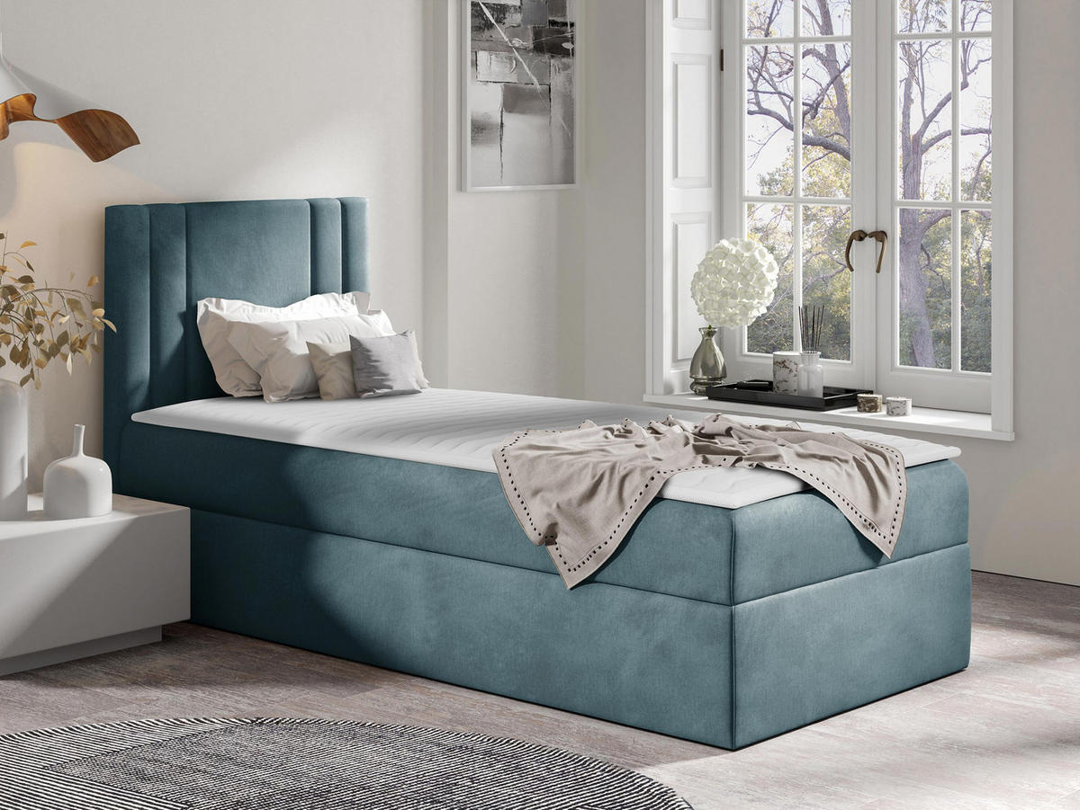 BOXBETT Carmen Mini, Seite zum Öffnen des Bettkastens: Links - Blaugrau, Holz (90/200cm) - MIRJAN24