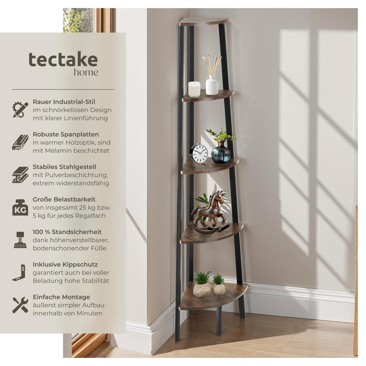 ECKREGAL Portland ,inklusive Kippschutz, 34 x 34 x 158,5 cm,Industrial Holz dunkel, rustikal - Rostfarben, Holzwerkstoff (34/158.5/34cm) - tectake