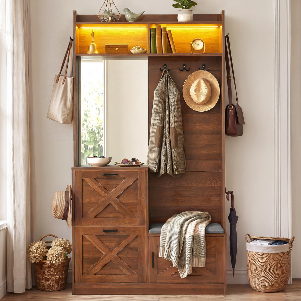 GARDEROBE Schuhschrank Spiegel LED App PB MDF - Walnussfarben, Holzwerkstoff (100/180/25cm) - FLIEKS