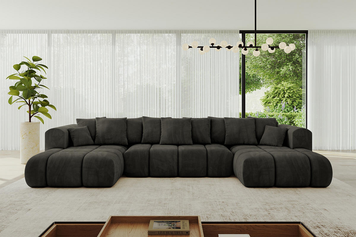 WOHNLANDSCHAFT Ottomane Links CLOUD-U-v1 414x180x40 Schwarz Velours - Schwarz, Holzwerkstoff/Kunststoff (414/90/180cm) - ALTDECOR