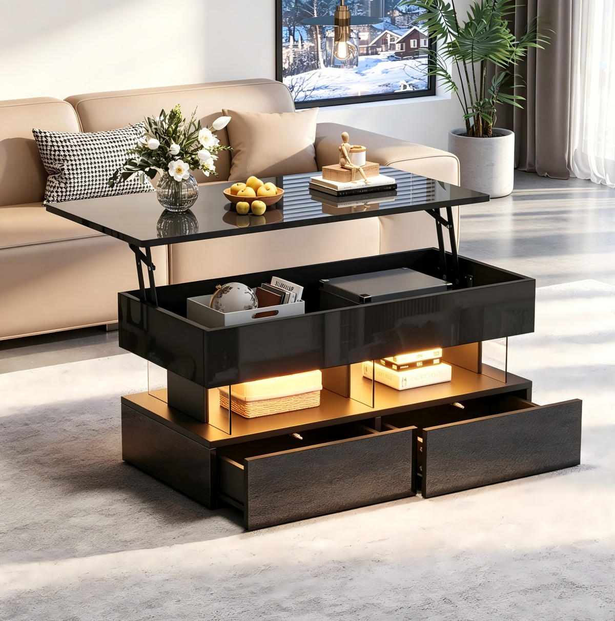 COUCHTISCH aus MDF 100x50x46 cm Schwarz mit Hubfunktion, LED-Beleuchtung und 2 Schubladen - Schwarz, Holzwerkstoff (100/50/46cm) - IVMEU