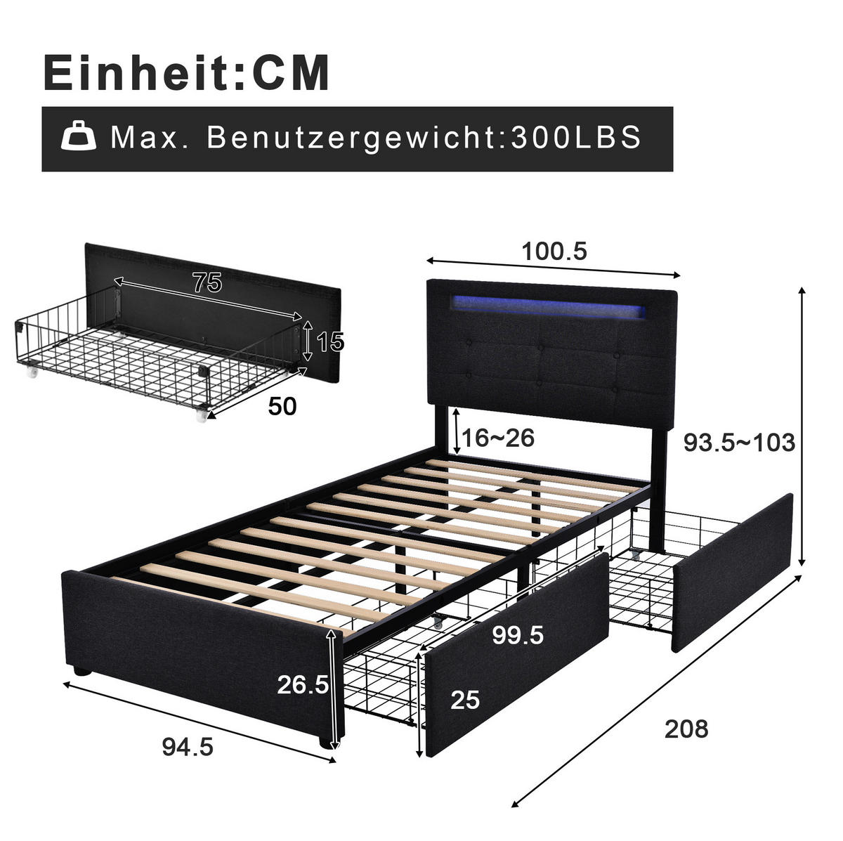 BETT mit LED-Beleuchtung und 2 Schubladen 90x200 cm Schwarz - Schwarz, Metall (90/200cm) - Meubliv