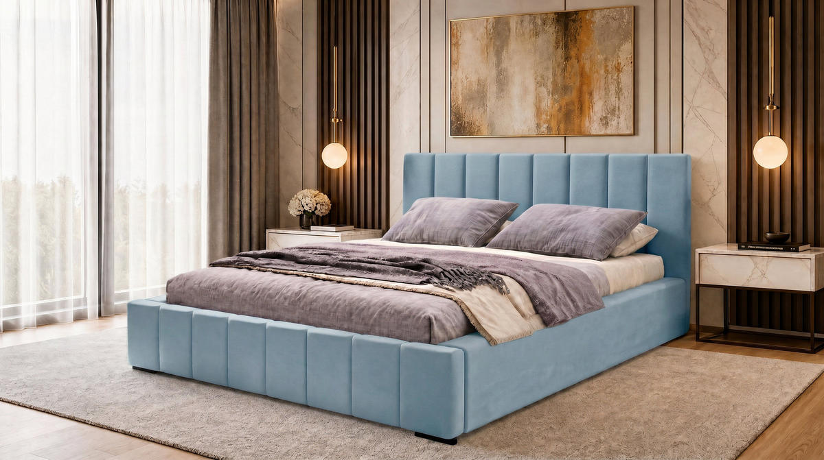 MARPUR Polsterbett NERO 180x200 cm mit Bettkasten und Lattenrost, Hellblau - Chromfarben/Hellblau, Holz/Holzwerkstoff (180/200cm) - Marpur