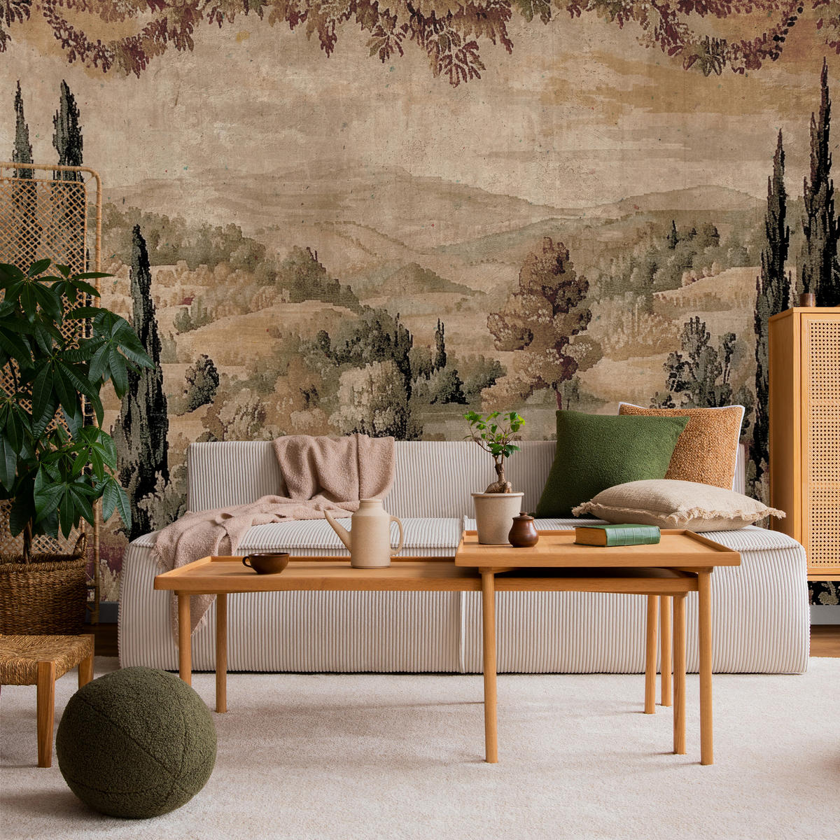 FOTOTAPETE für Schlafzimmer Vintage Landschaft Natur Modern Retro Panorama 300x210 - Gelb/Beige, Papier (300/210cm) - Muralo