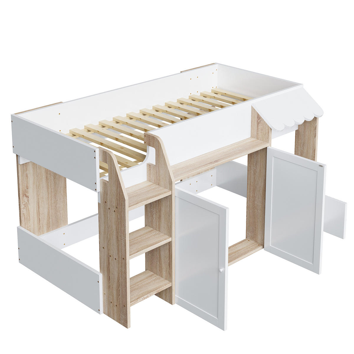 HOCHBETT aus Holz 90x200 cm in Weiß mit Leiter & Stauraum - Weiß, Holzwerkstoff (90/200cm) - Modfu