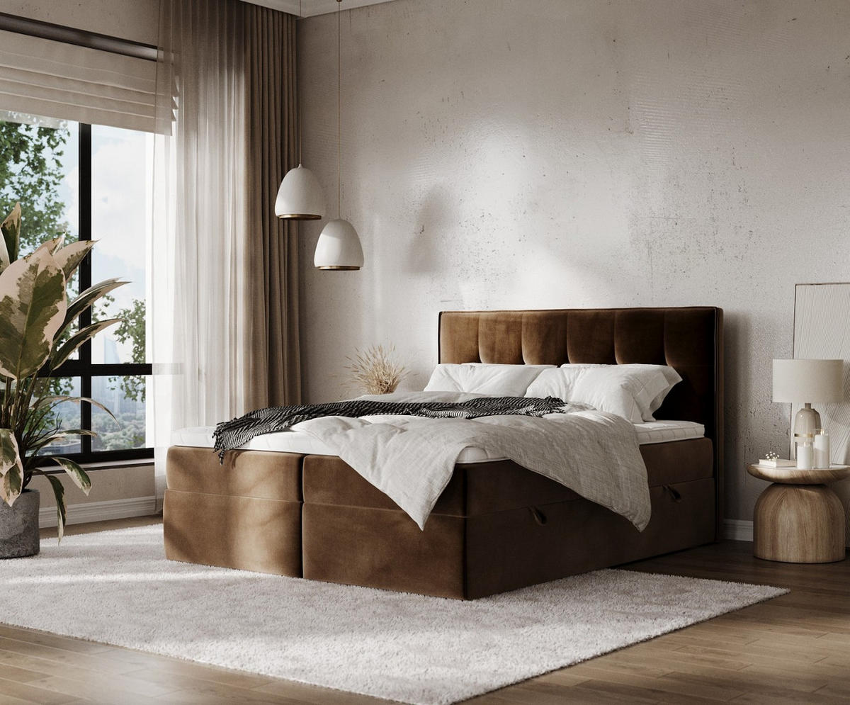 BOXBETT Mireo 180/200 cm Braun im Kronos Stoff - Schwarz/Braun, Holz/Holzwerkstoff (180/200cm) - AltaBeds