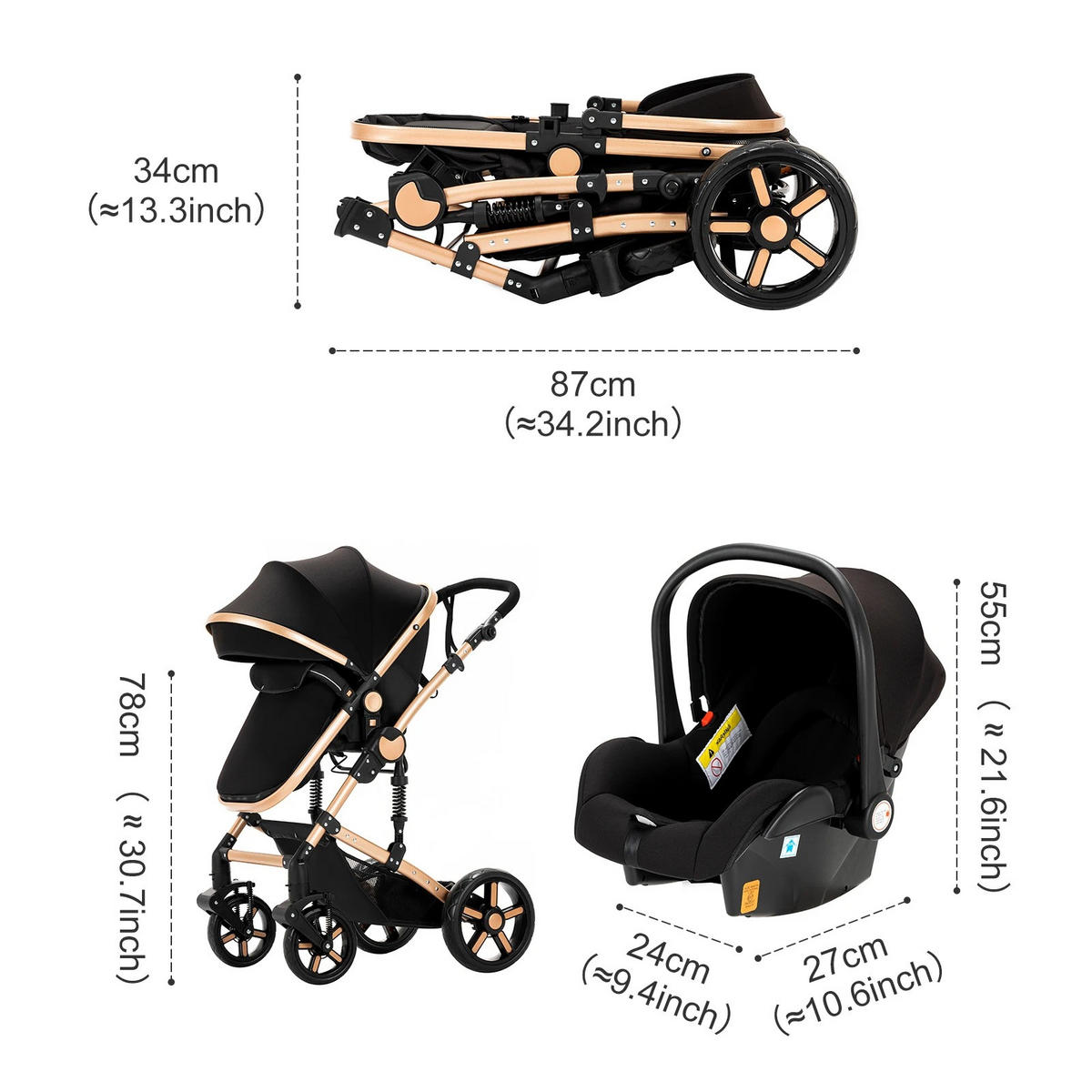 KINDERWAGENSET 3-in-1 mit Autositz, UV-Schutz, GRAU - Grau, Metall (80/60cm) - Kaket