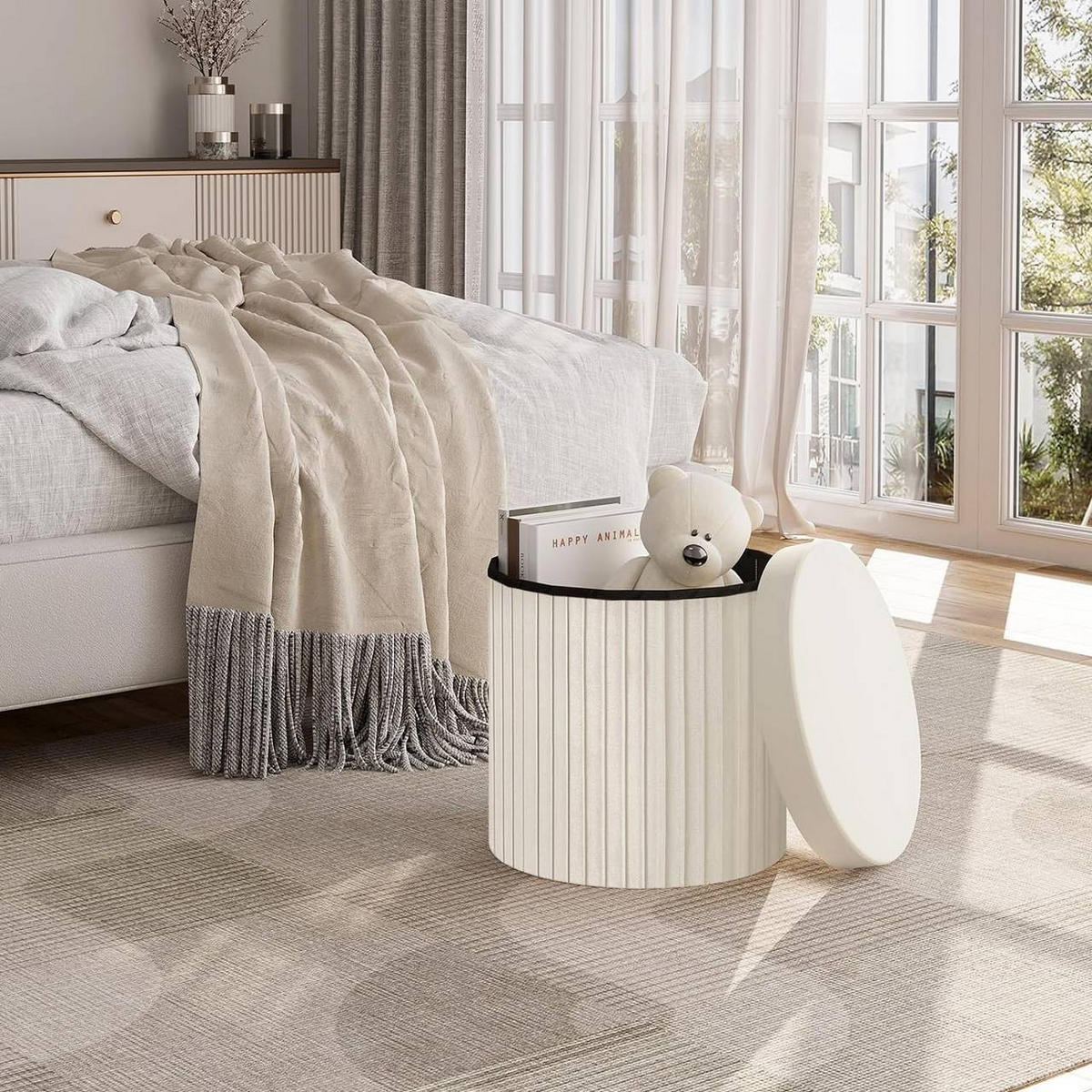 SITZHOCKER mit Deckel Stauraum, Creme - Creme, Textil (38/36/38cm) - Woltu