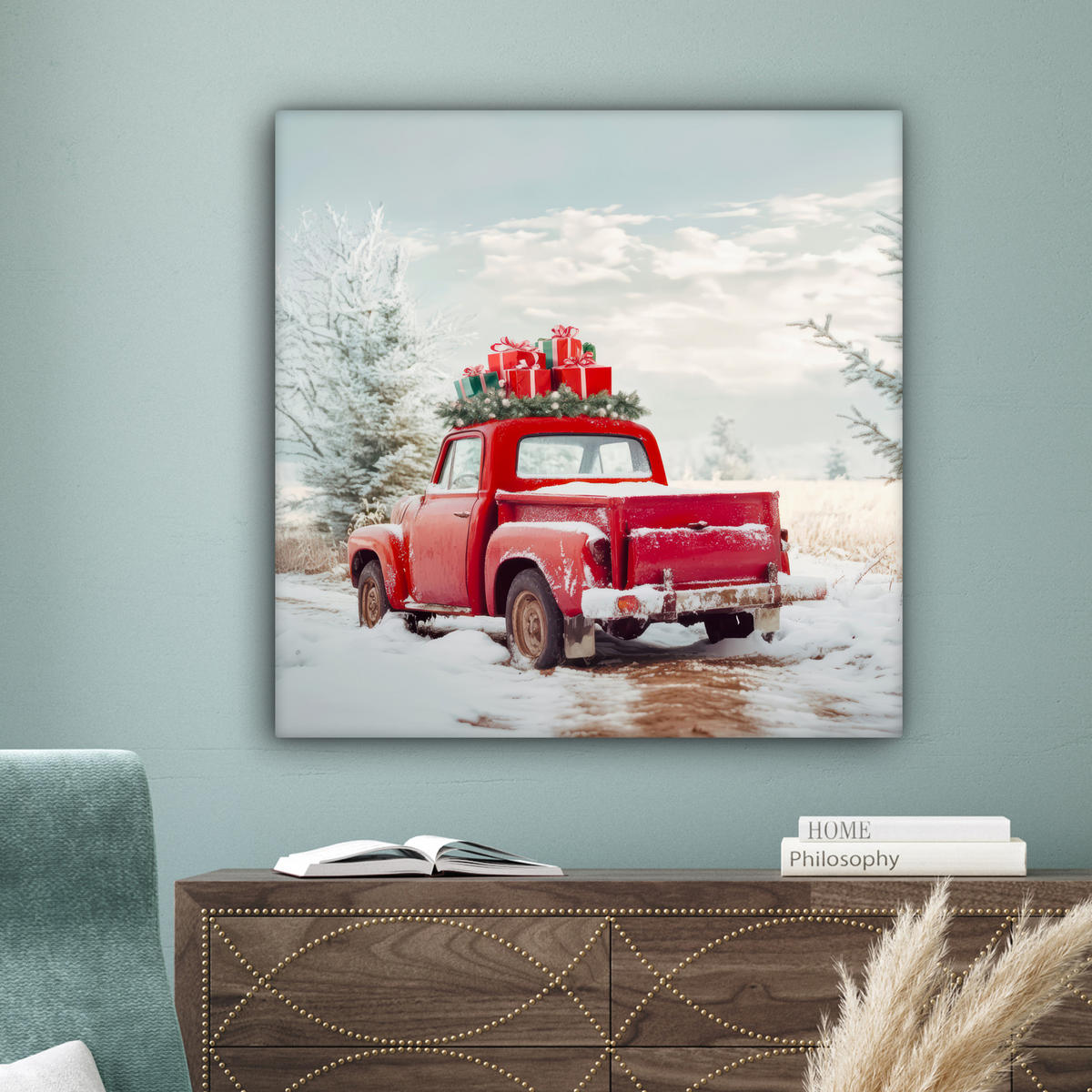 LEINWANDBILD Auto - Rot - Geschenke - Winter - Schnee - Weihnachten 90x90 cm - Rot, Textil (90/90cm) - MuchoWow