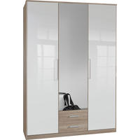 KLEIDERSCHRANK Greven in Hochglanz Lack Weiß mit Eiche Sägerau 135x199x58 cm (BxHxT) – Drehtürenschrank 3-türig mit Spiegeltür & Schubkästen - Weiß/Braun, Holzwerkstoff (120/200/80cm)