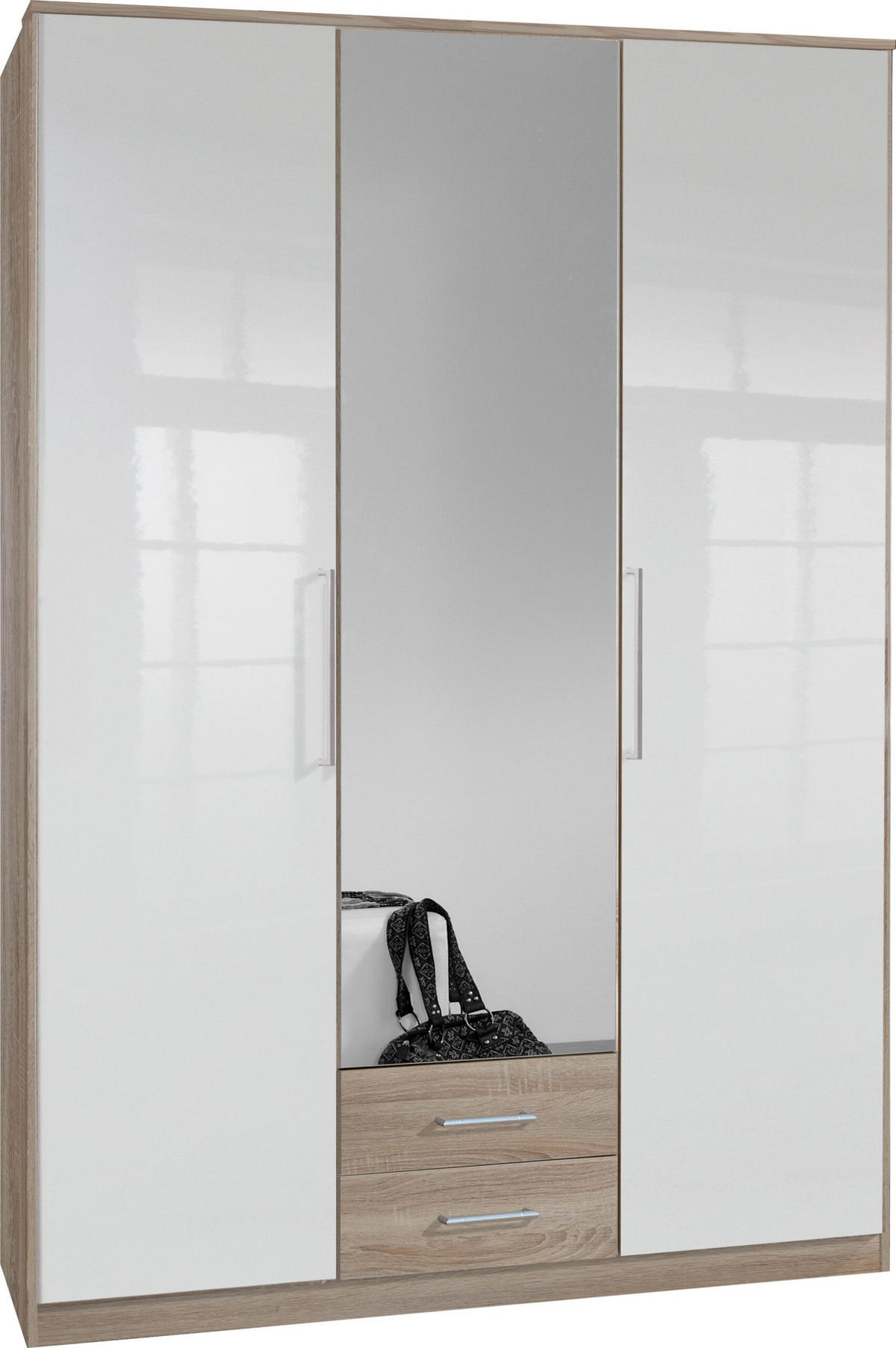 KLEIDERSCHRANK Greven in Hochglanz Lack Weiß mit Eiche Sägerau 135x199x58 cm (BxHxT) – Drehtürenschrank 3-türig mit Spiegeltür & Schubkästen - Weiß/Braun, Holzwerkstoff (120/200/80cm)