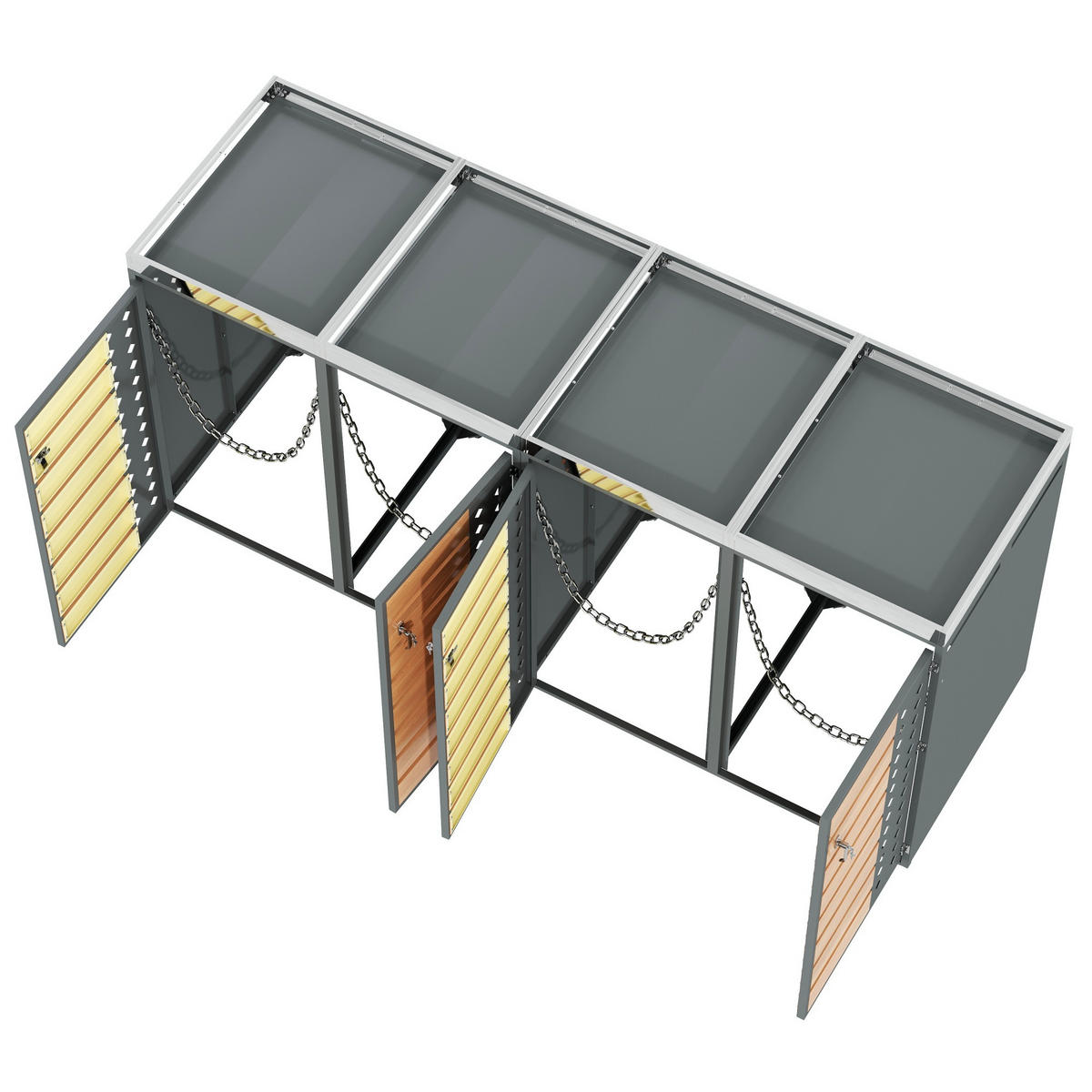 MÜLLTONNENBOX aus verzinktem Stahl in Grau/Holzoptik mit Pflanzkasten & 4 Türen 264x80x124,5 cm - Grau, Metall (264/124.5/80cm) - Modfu