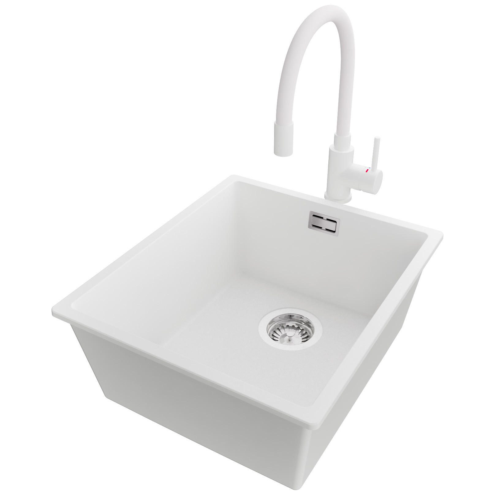 UNTERBAUSPÜLE GRANIT London, 2-er set Weiß 41/47 cm 1 Becken + Küchenarmatur 38/14 cm + Ablauf-Set ab 45er Unterschrank - Chromfarben/Weiß, Kunststoff (41/20/47cm) - Primagran