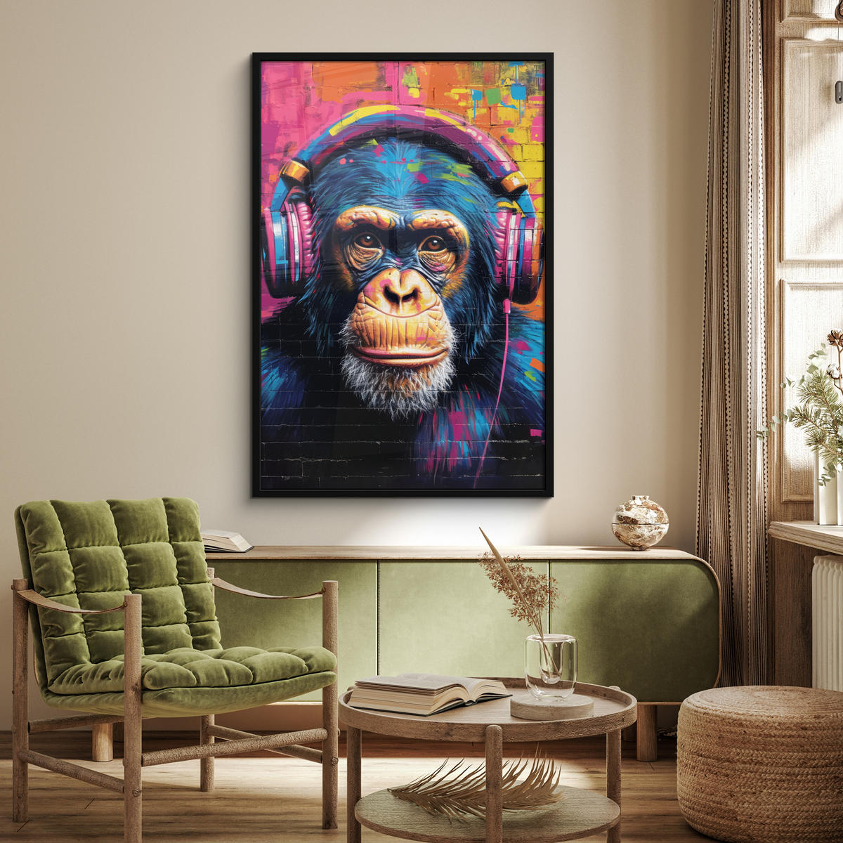GERAHMTES BILD Graffiti - Schimpanse - Straßenkunst - Kopfhörer - Affe 80x120 cm - Blau, Papier (80/120cm) - MuchoWow