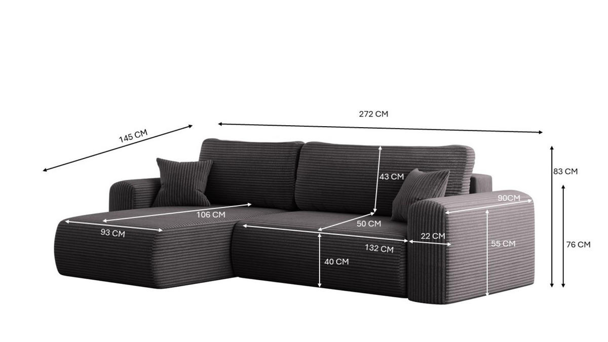 ECKSOFA Mit Schlaffunktion und Stauraum für Bettzeug Capri Stoff Poso Dunkelgrau Links - Dunkelgrau, Holz/Textil (145/272cm) - Kaiser Möbel