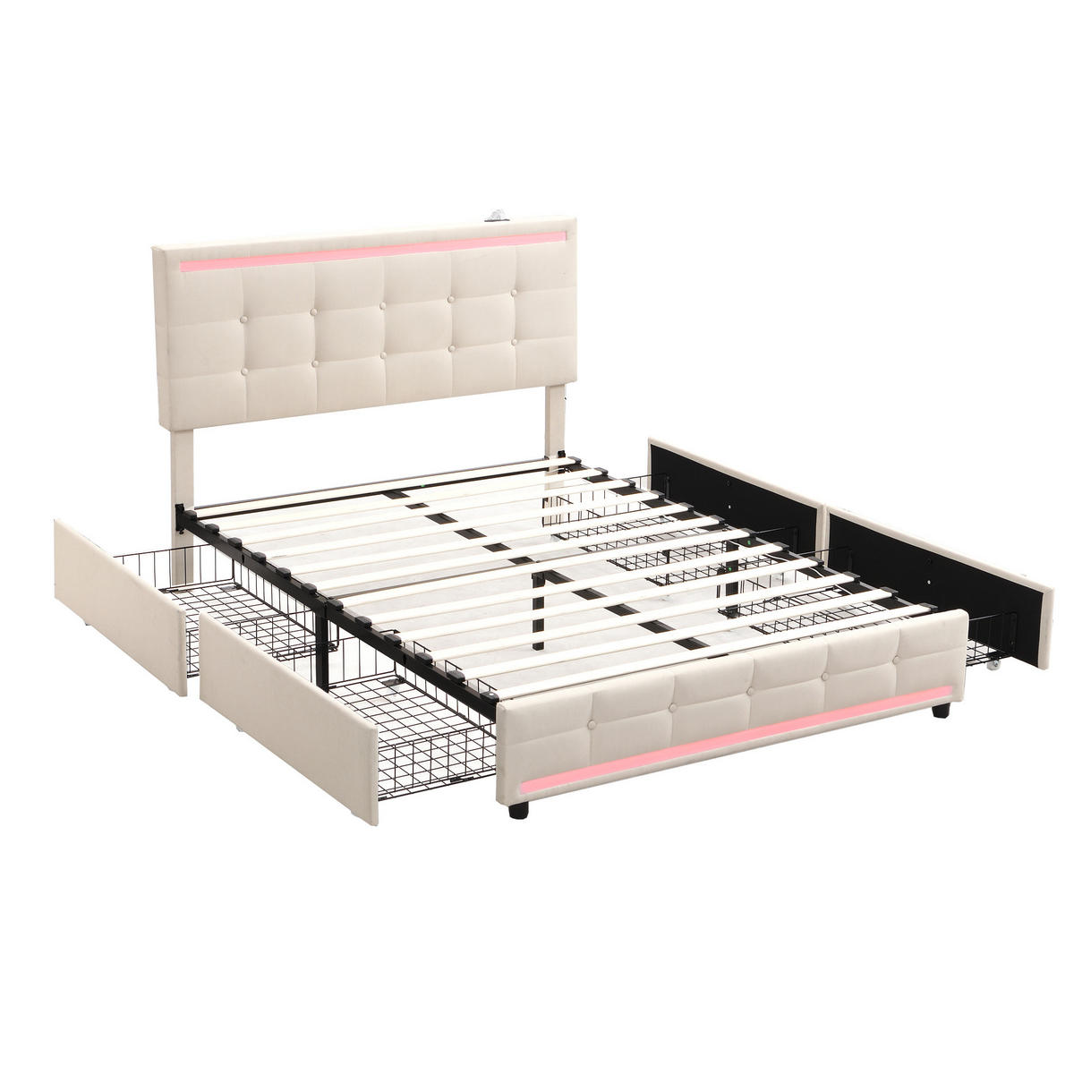 POLSTERBETT 140/200 cm Beige LED-Bett mit 4 Schubladen und USB-Anschluss - Beige, Textil (140/200cm) - OKWISH