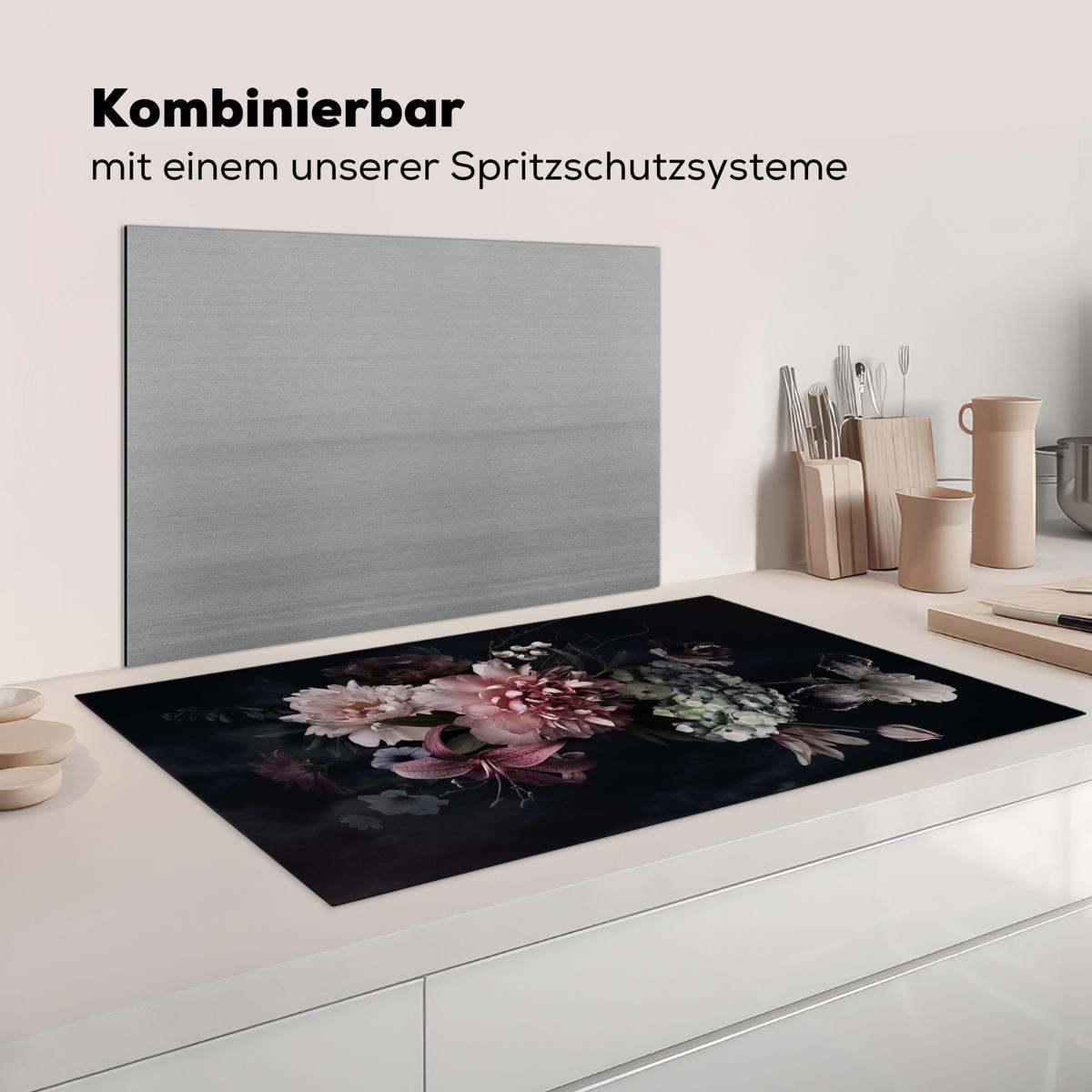 HERDABDECKPLATTE Blumen - Vintage - Pastell - Rosa - Weiß Induktionsschutz 91.2x52 cm - Altrosa, Kunststoff (91.2/52/0.2cm) - MuchoWow