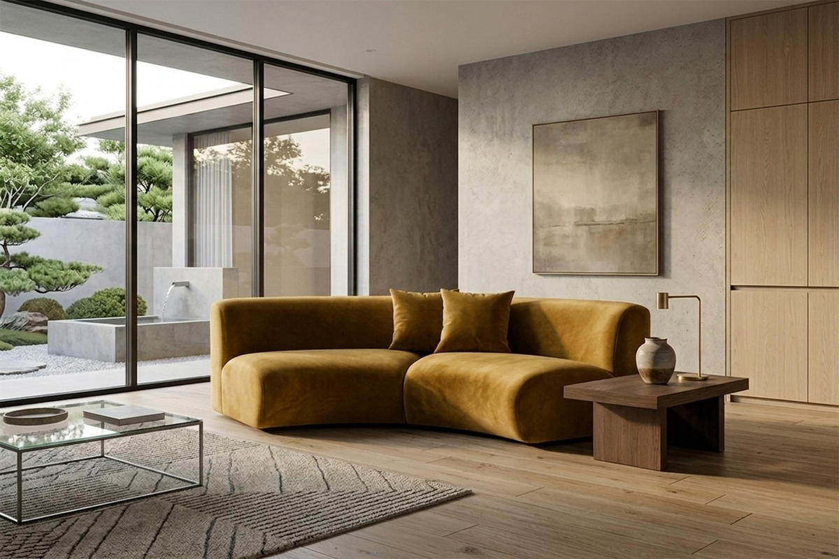 SOFA Round, Velvet-Stoff Bluvel, Golden, GRETA - Goldfarben, Holz (294/70/89cm) - Kaiser Möbel