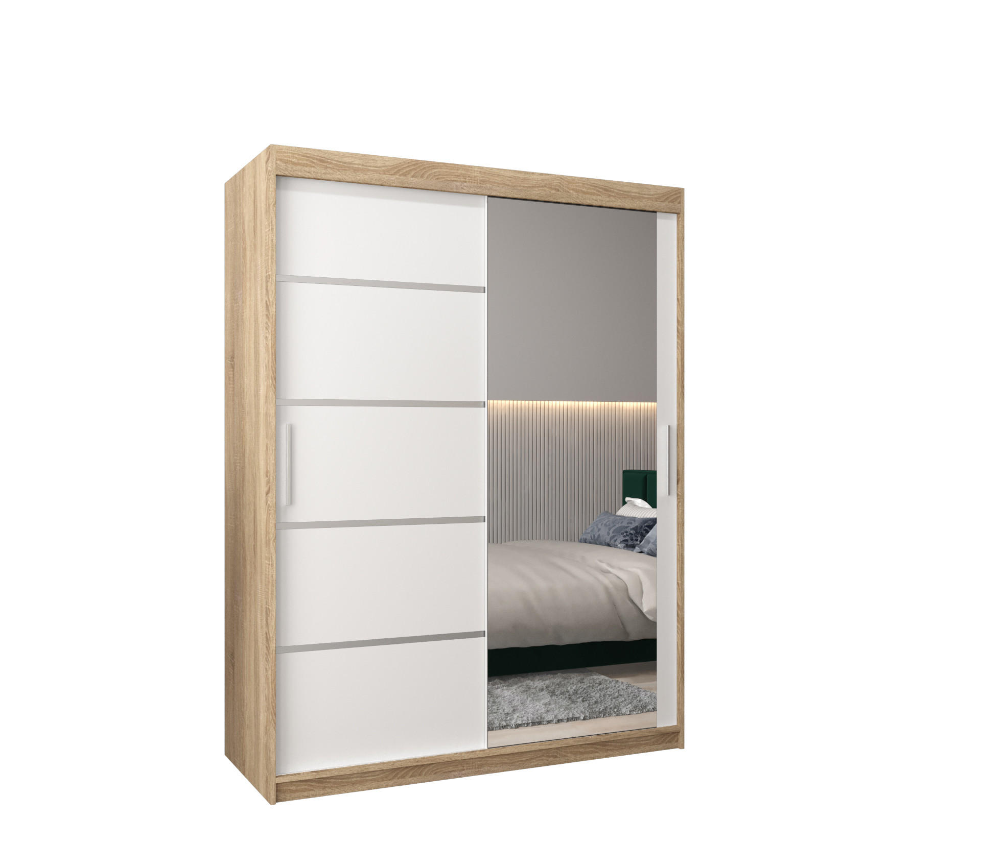 SCHWEBETÜRENSCHRANK 200/150/62 2-türig - Silberfarben/Weiß, Holz/Kunststoff (150/200/62cm) - Abiks Möbel