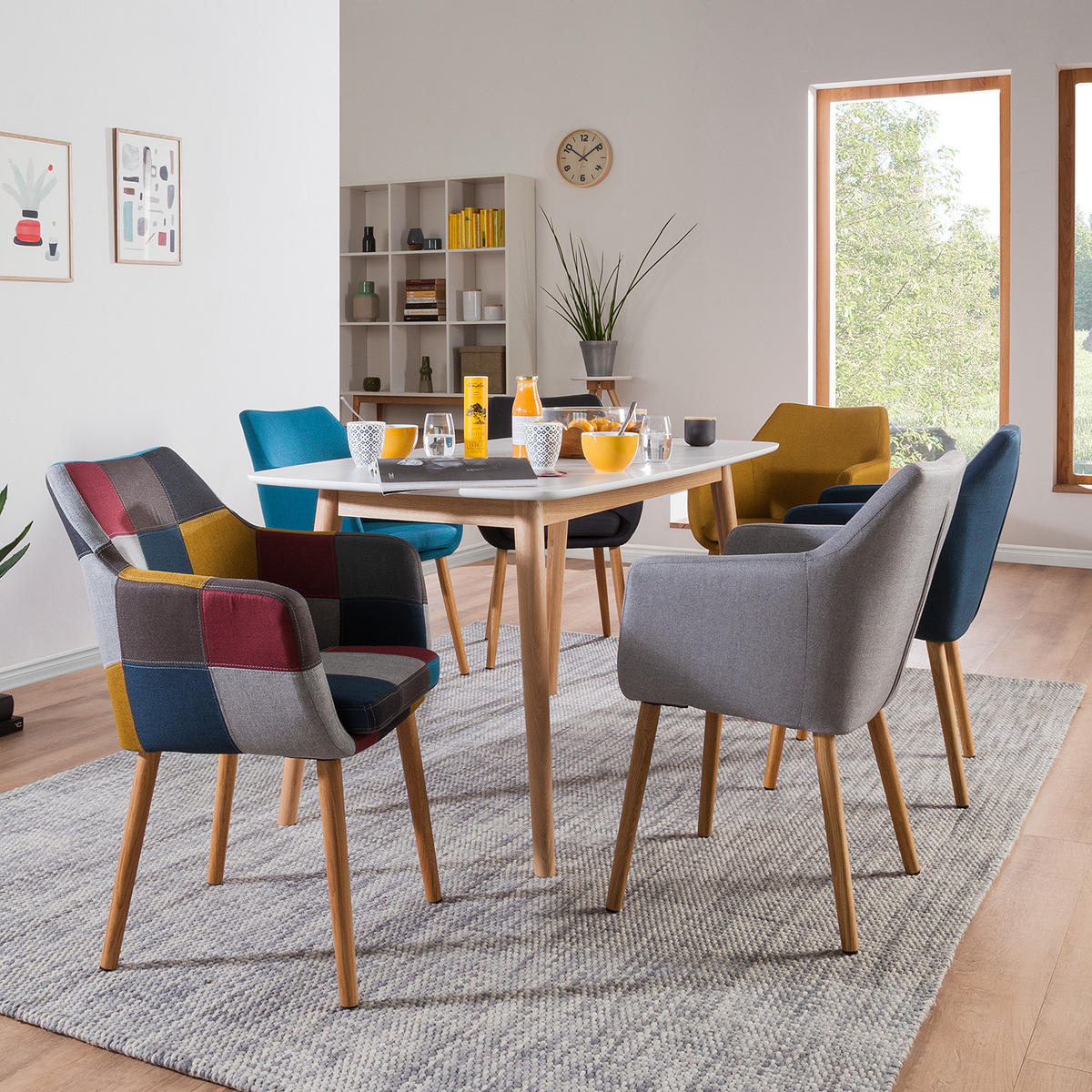 ARMLEHNENSTUHL - Webstoff / Massivholz Eiche - Mehrfarbig - Eichefarben/Multicolor, Eichenholz/Holz (58/84/58cm) - home24
