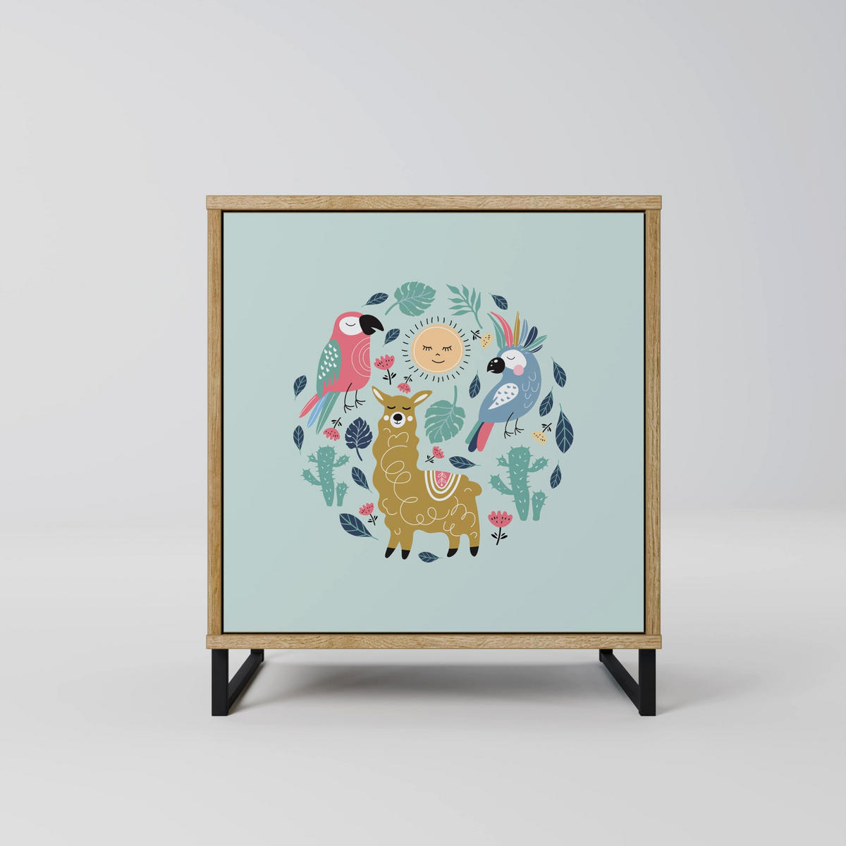 SIDEBOARD COLORFUL ALPACAS, Eichefarben, 57,5x42x77,5 cm, Schräge Buchenholzfüße - Eichefarben/Buchefarben, Holzwerkstoff/Buchenholz (57.5/77.5/42cm) - SpaceRebels