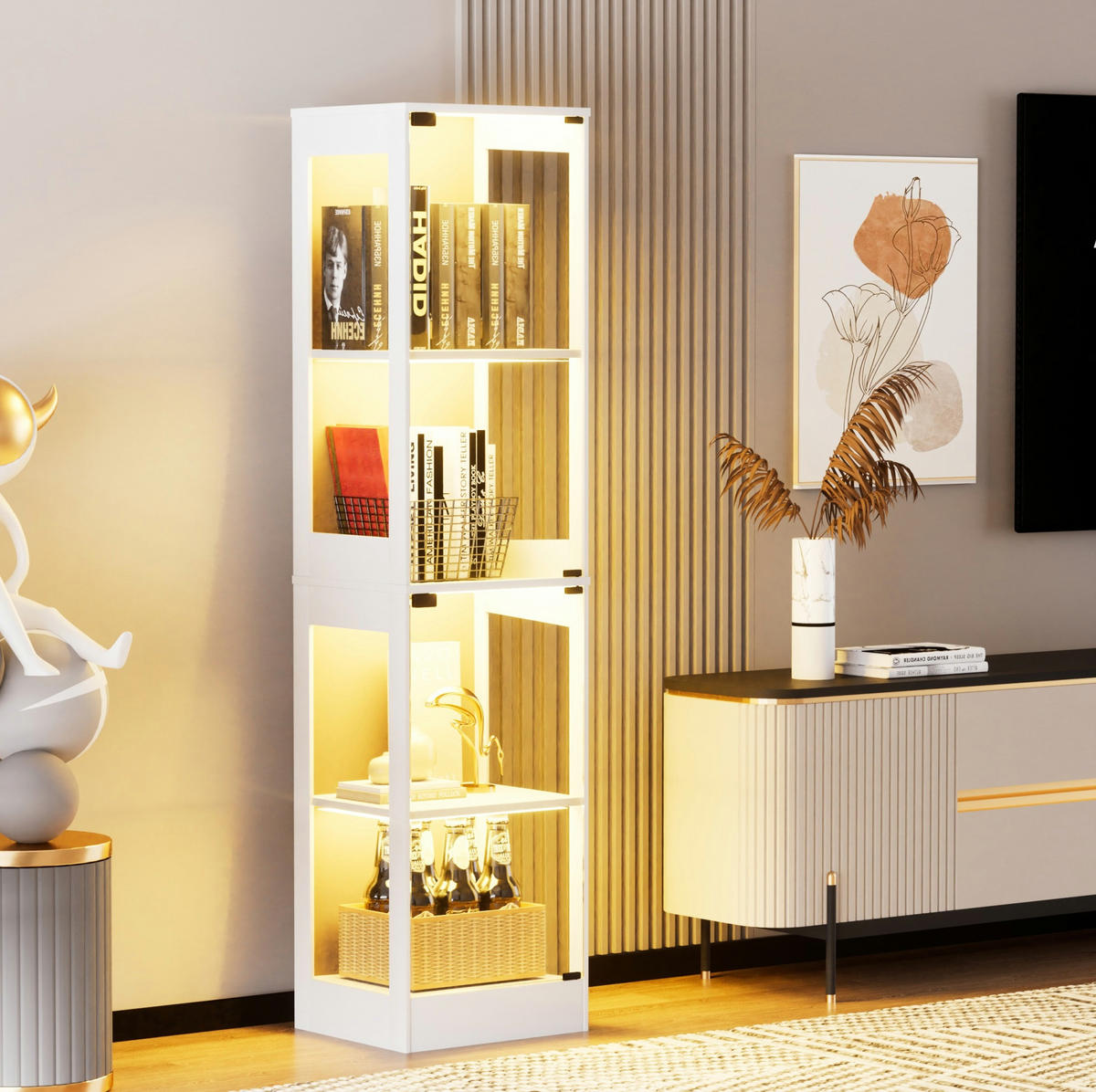 VITRINE 40/35/165 cm aus MDF und Glas mit LED-Beleuchtung und Bewegungssensor Weiß - Weiß, Holzwerkstoff (40/165/35cm) - Modenvie