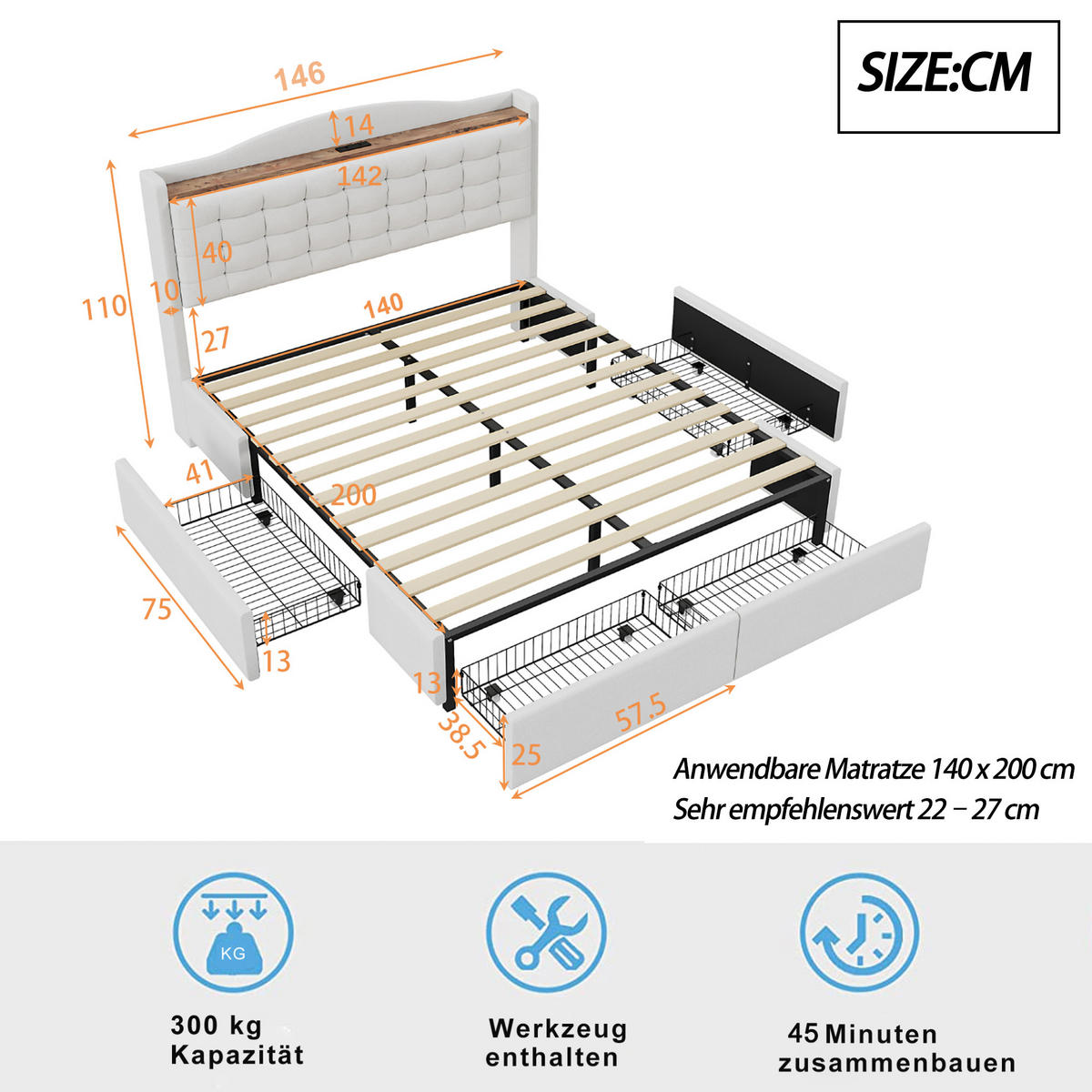 POLSTERBETT 140/200 cm beige mit USB-Anschluss und 4 Schubladen - Beige, Textil (140/200cm) - OKWISH