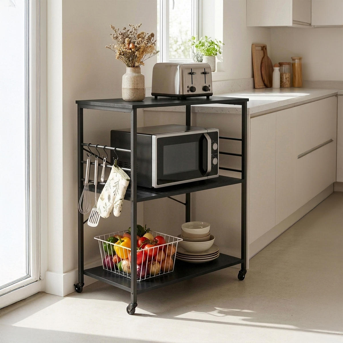 VOZIČEK za postrežbo - črna, kovina/leseni material (80/89/40cm) - Relaxdays