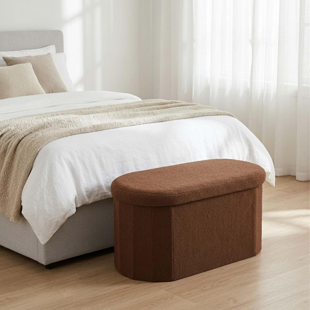 LAVICE Tmavě hnědá s úložným prostorem teddy čalounění 76 cm - tmavě hnědá, kompozitní dřevo/textil (76/38/38cm) - Relaxdays