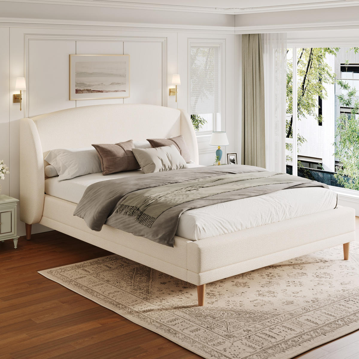 BETT mit Wingback-Kopfteil 140x190 cm Bouclé Weiß - Weiß, Holz (140/190cm) - Meubliv