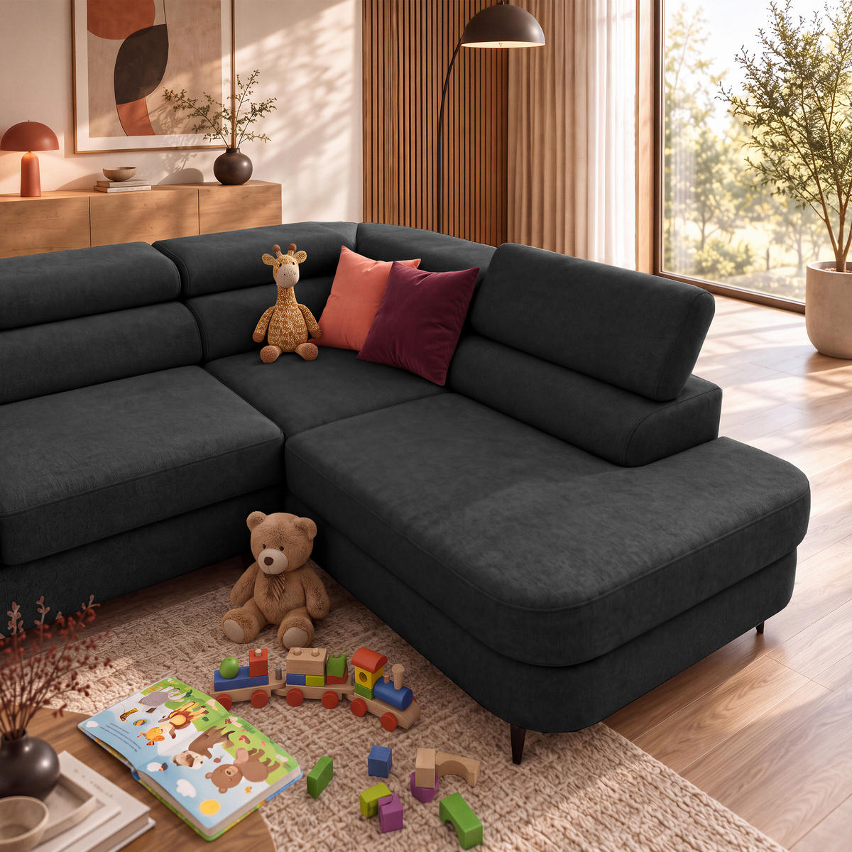 ECKSOFA U-Form PRIAM MAXI U Rechts mit Schlaffunktion 125x317 Velours Dunkelgrau - Dunkelgrau/Schwarz, Holz/Textil (400/91/203cm) - Muffo