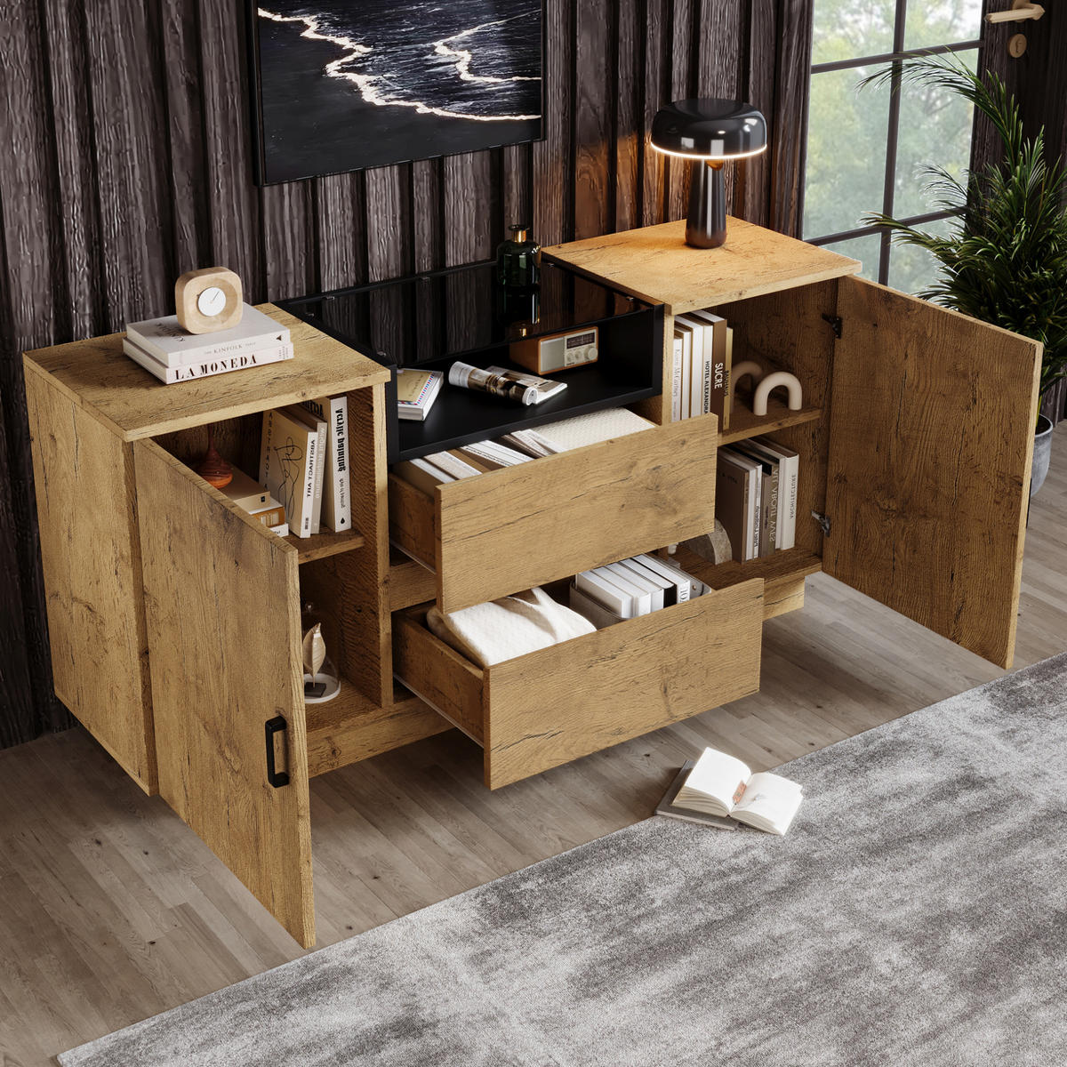 SIDEBOARD 140/40/70 cm Eiche aus Holzwerkstoff mit ESG-Glas und 2 Schubladen - Eichefarben, Glas (140/70/40cm) - OKWISH
