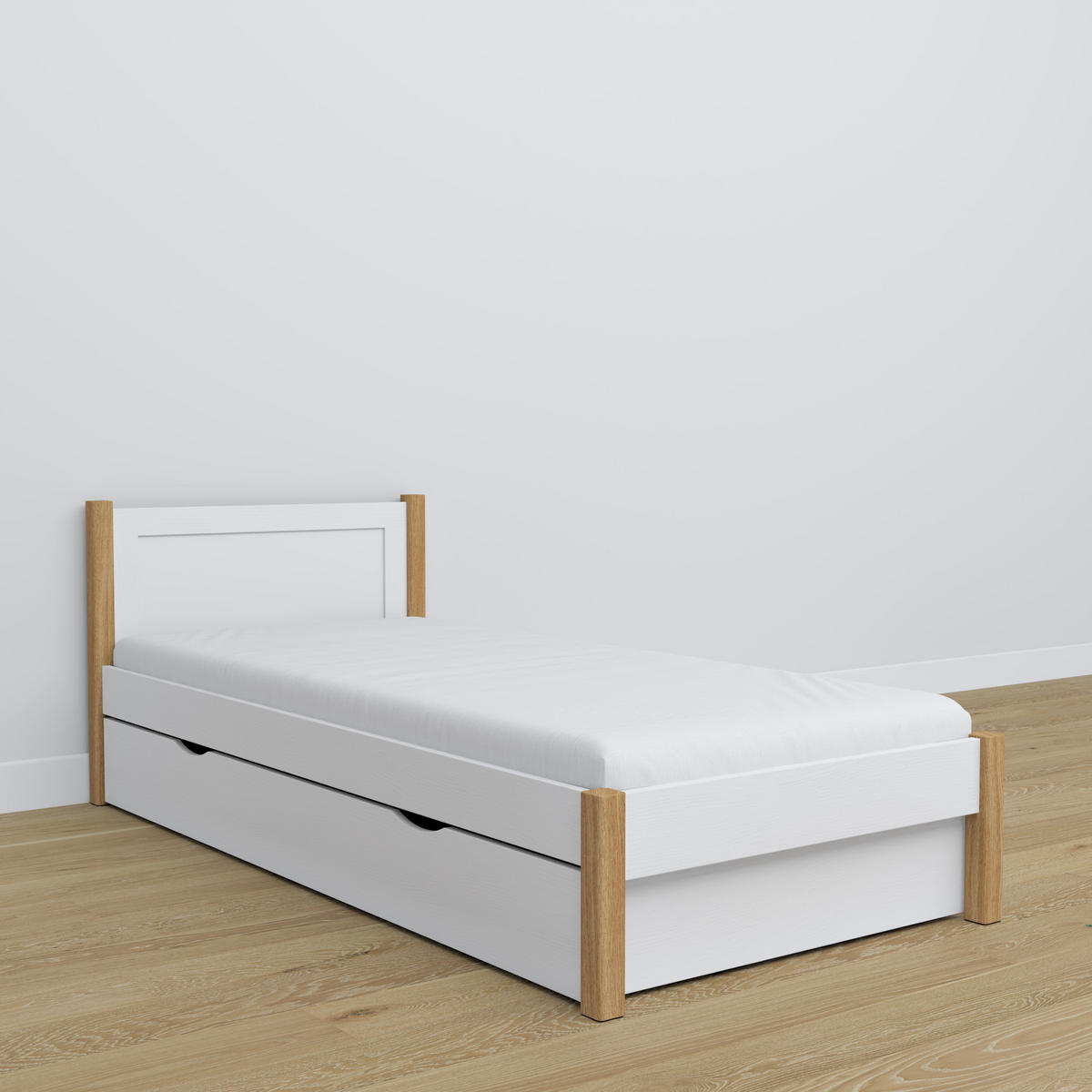 BETT mit Schublade N02 Weiß / Eiche Natur 90/190 - Eiche Artisan/Weiß, Naturmaterialien/Holz (90/190cm) - N-Wood