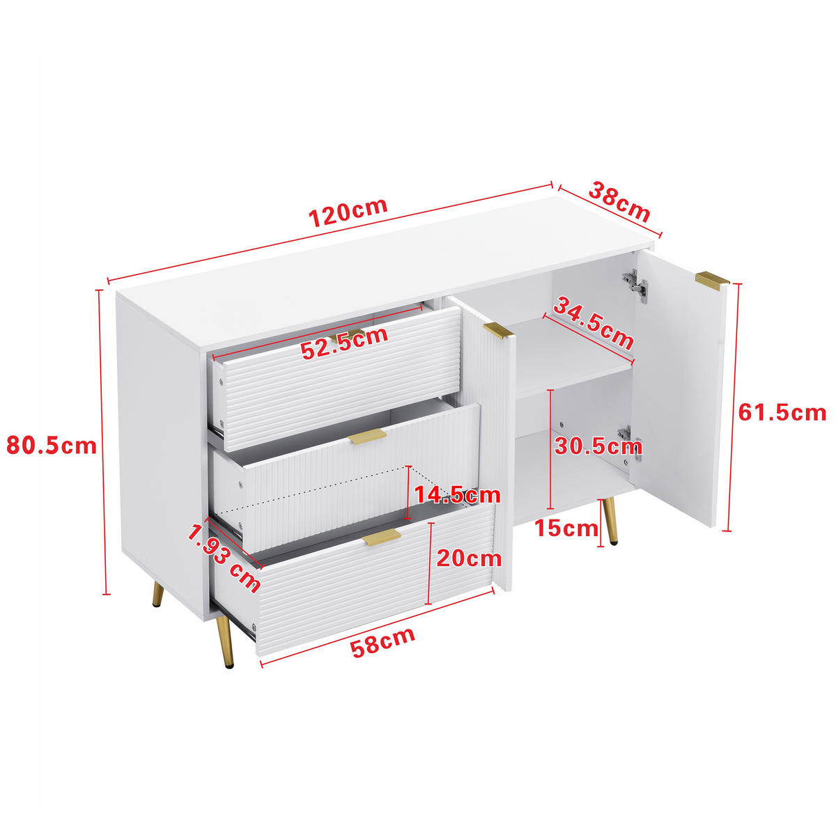 SIDEBOARD 120/38/80,5 cm aus MDF mit Wellenmuster und 3 Schubladen Weiß/Gold - Weiß, Holzwerkstoff (120/80.5/38cm) - Modenvie