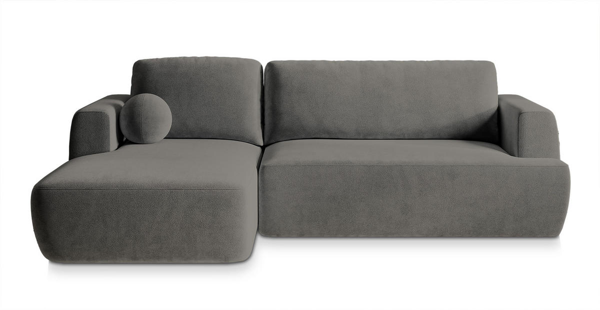 ECKSOFA SENTI K L-S Grau Plüsch-Stoff mit Schlaffunktion - Grau, Holz (246/148cm) - MASSENO