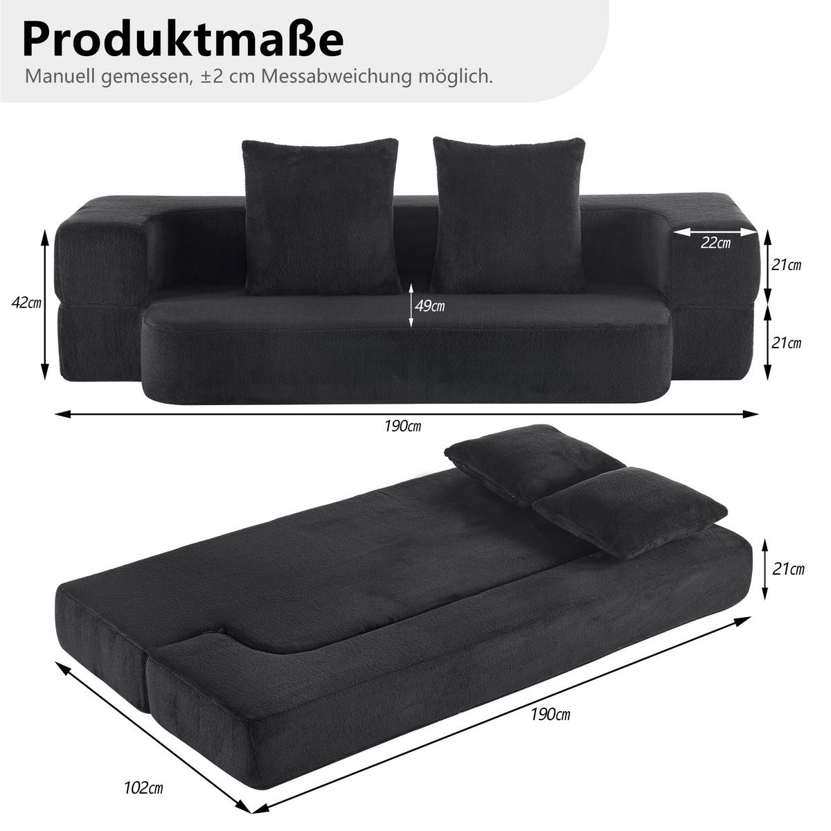 SCHLAFSOFA DE-34992 2-in-1 klappbar Schwarz - Schwarz, Textil (52/48/190cm) - ComfortXL