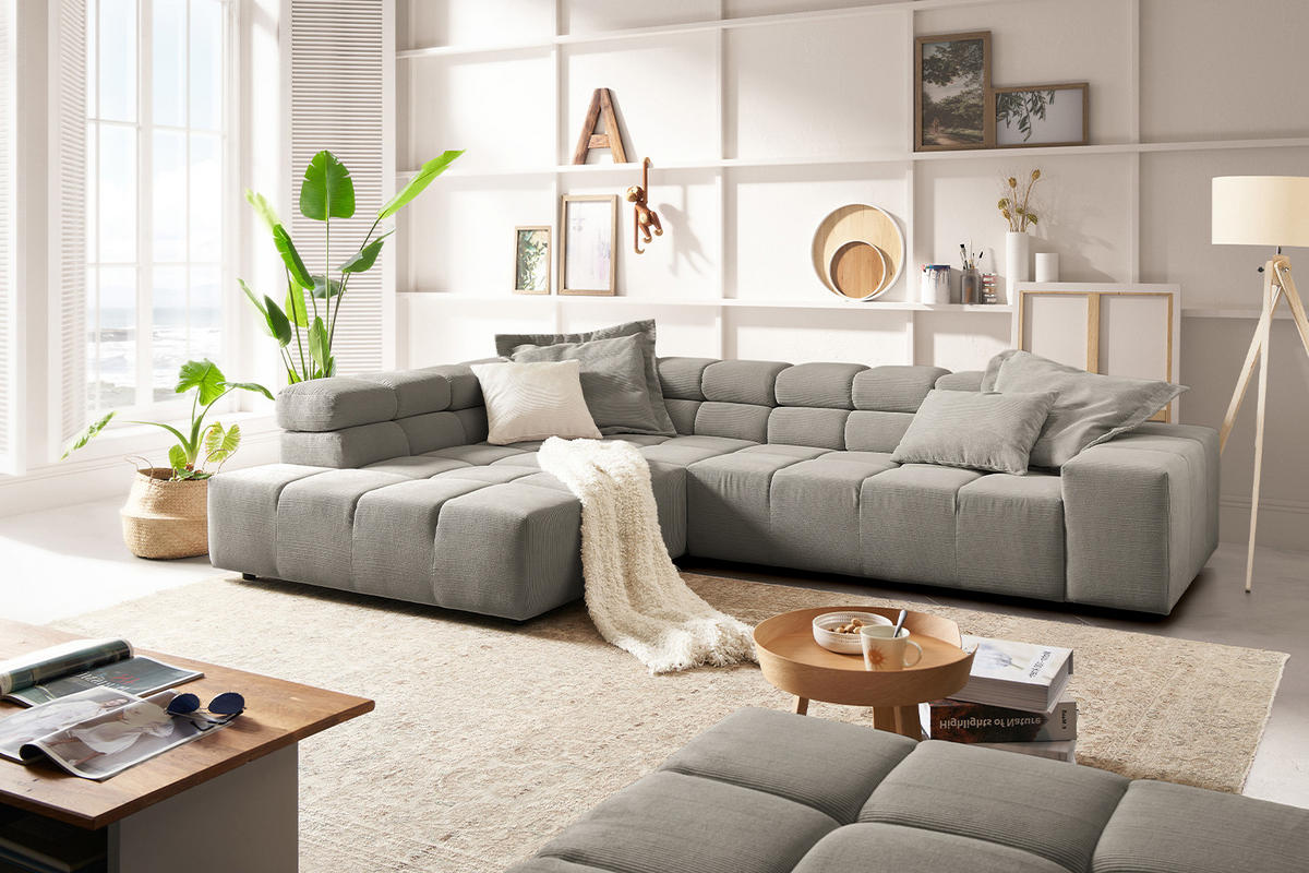 ECKSOFA MIT MOTORISCHEM SITZVORZUG NEVADA Grau Cord - Schwarz/Grau, Kunststoff/Textil (319/215cm) - KAWOLA