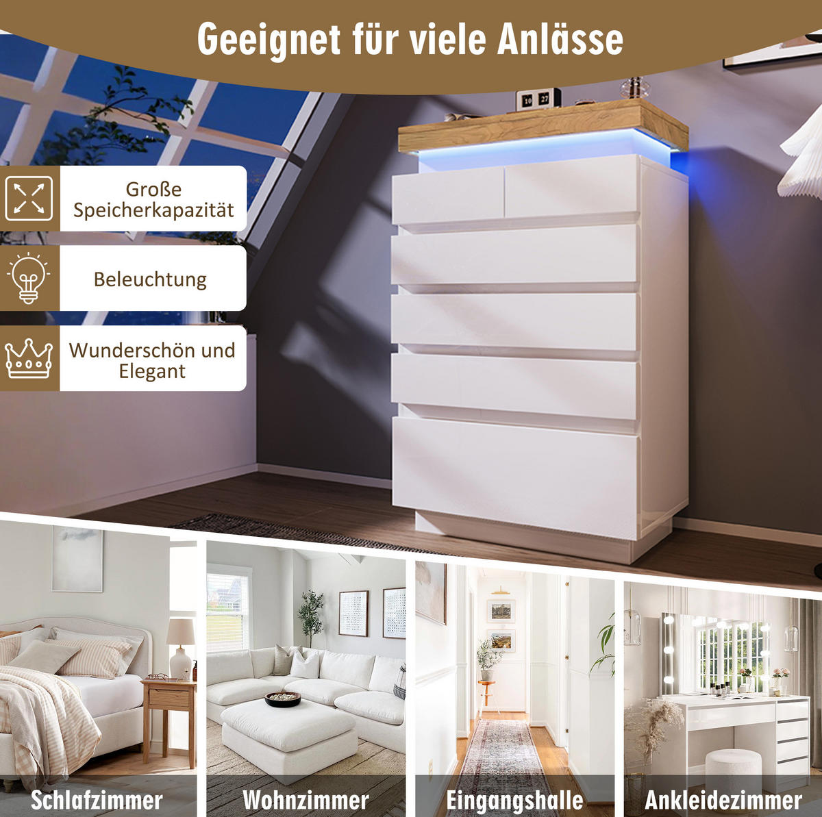 KOMMODE aus Spanplatte und MDF 39x73x115 cm Weiß mit LED-Beleuchtung, 6 Schubladen und Hochglanzfront - Weiß, Holzwerkstoff (73/115/39cm) - Modfu